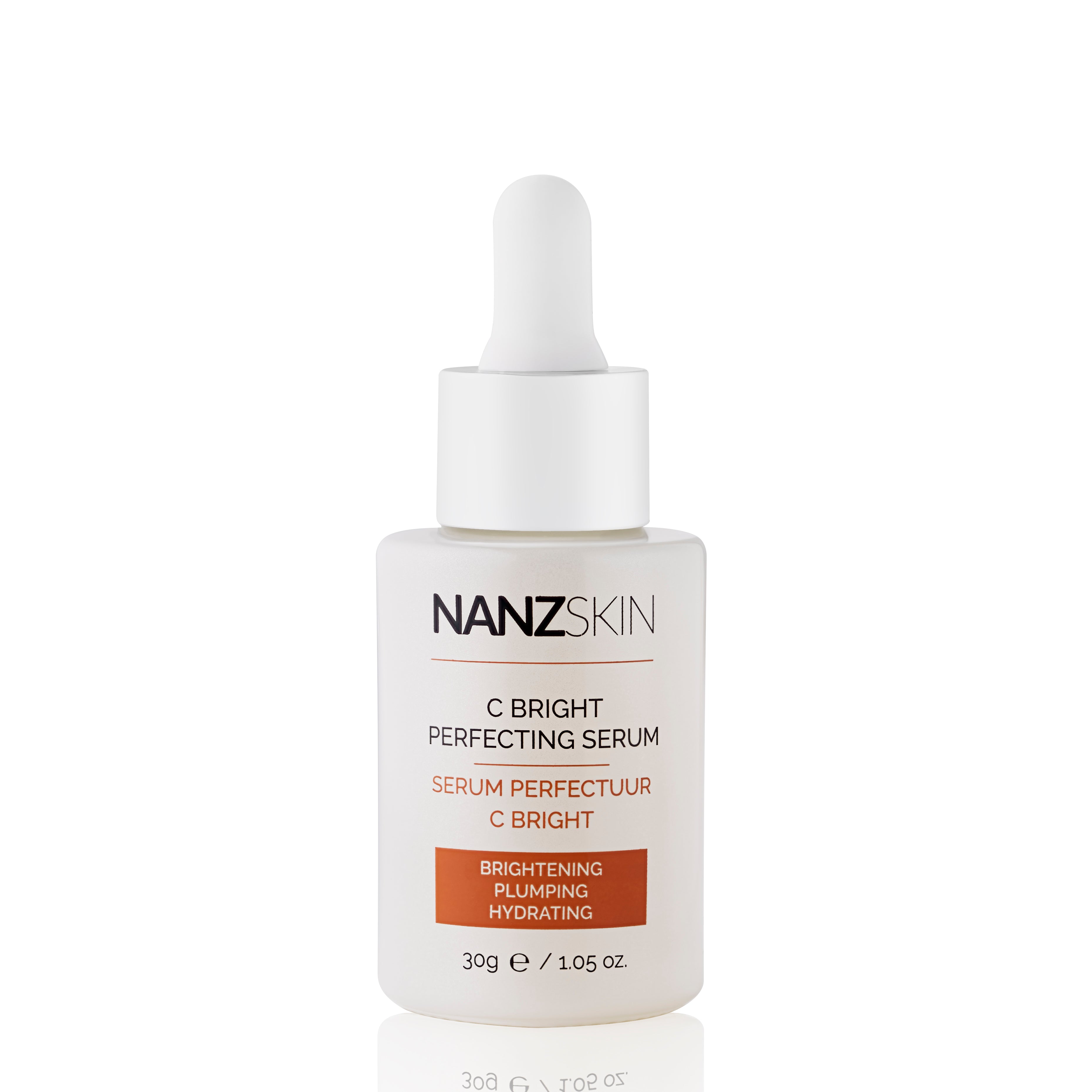 This image features the NANZSKIN C Bright Perfecting Serum in a sleek, white bottle with a precision dropper. The clear serum inside is designed to improve skin tone, texture, and clarity while offering brightening effects.