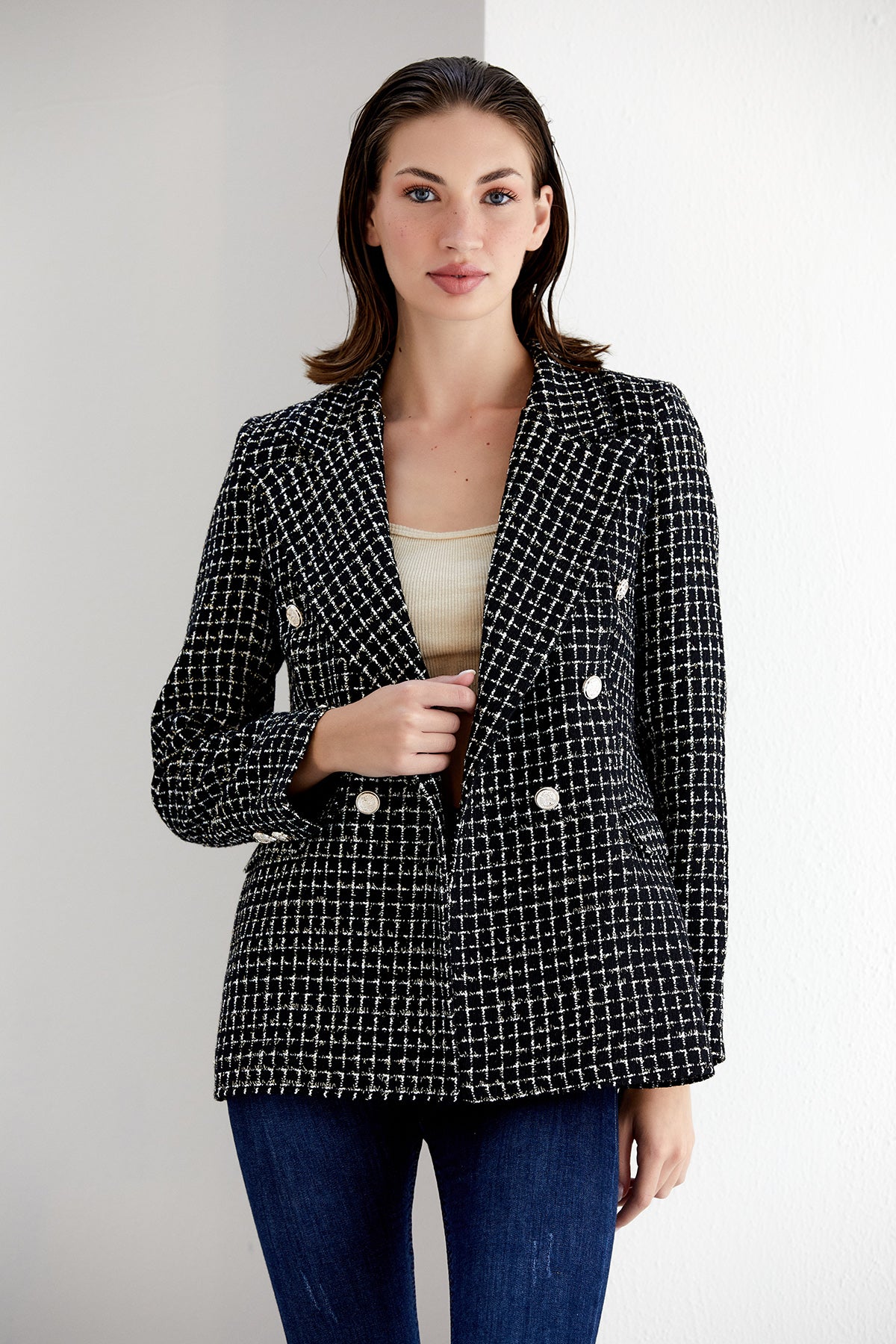 NANZ zwart/wit geblokte tweed double breasted blazer 68700-blk/