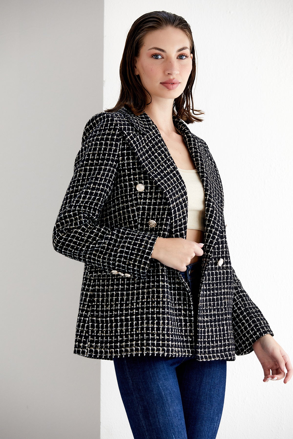 NANZ zwart/wit geblokte tweed double breasted blazer 68700-blk/