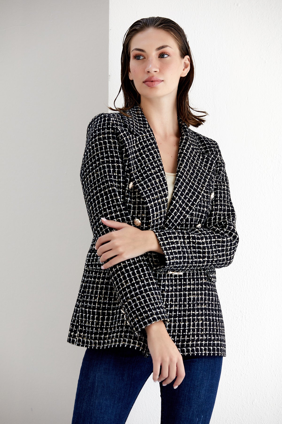 NANZ zwart/wit geblokte tweed double breasted blazer 68700-blk/