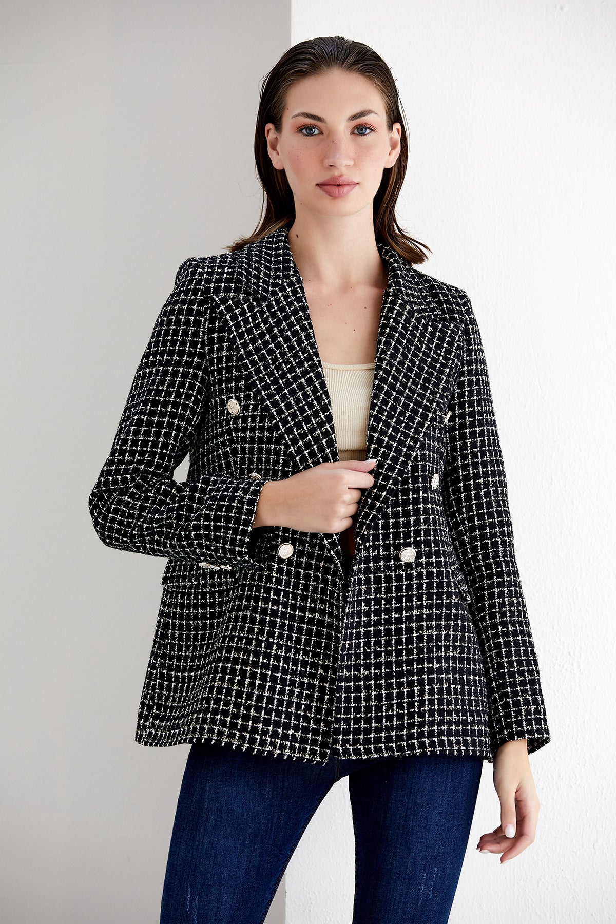 NANZ zwart/wit geblokte tweed double breasted blazer 68700-blk/