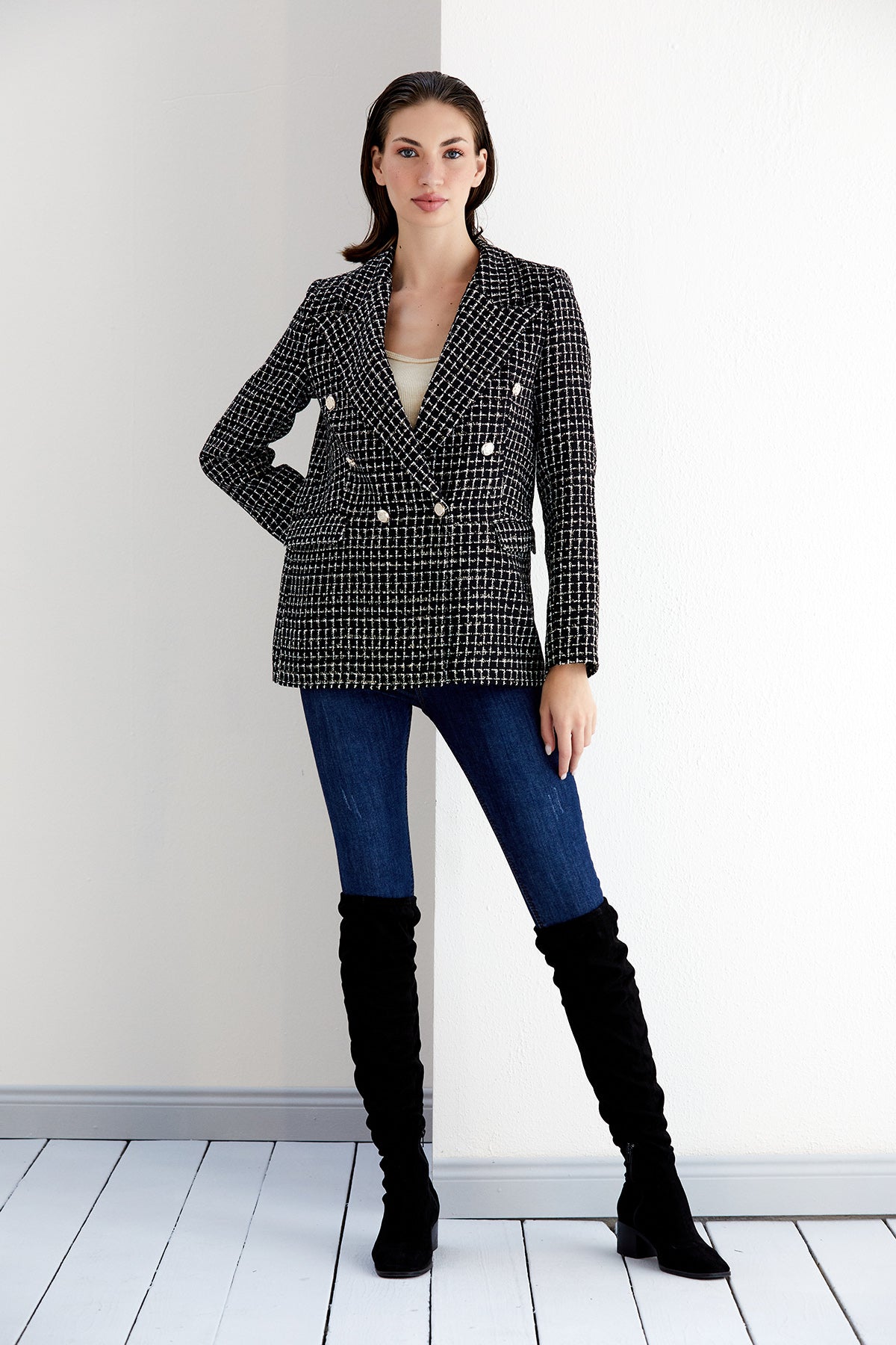 NANZ zwart/wit geblokte tweed double breasted blazer 68700-blk/