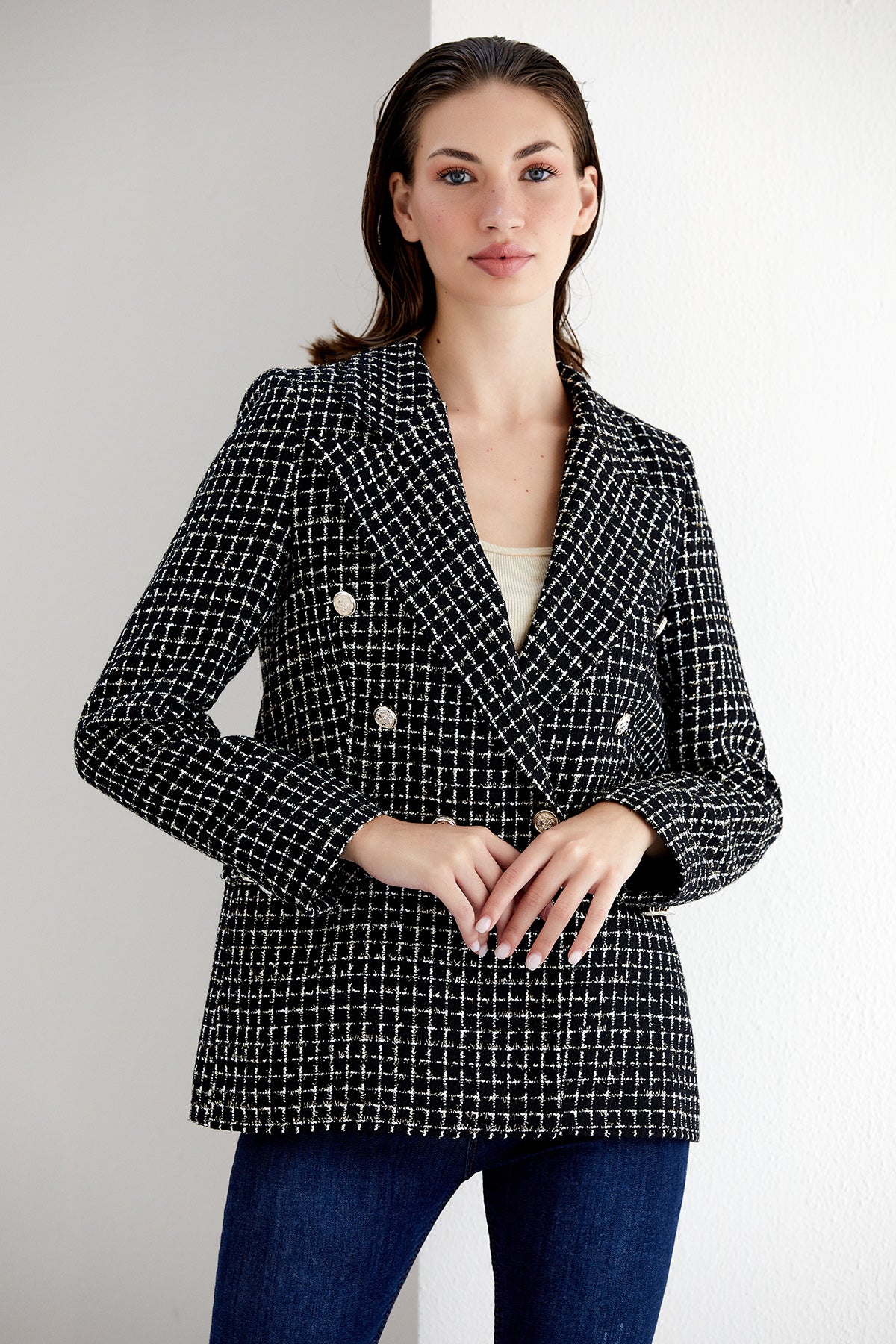NANZ zwart/wit geblokte tweed double breasted blazer 68700-blk/