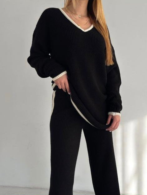 NANZ oversized gebreide co-ordset met randlijn in zwart