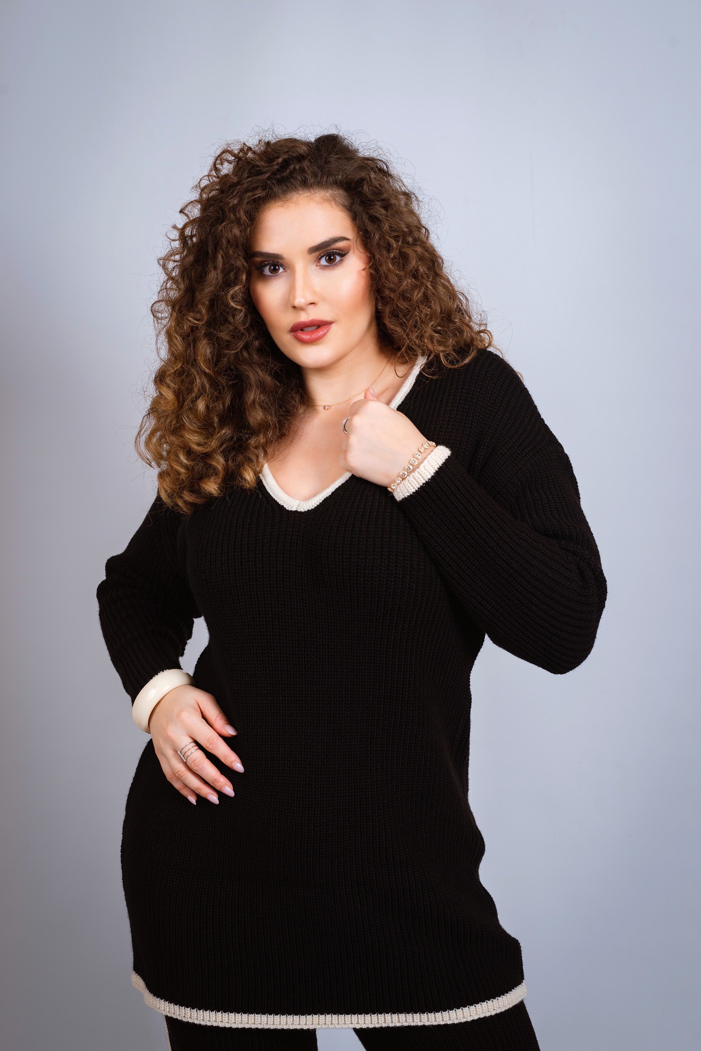 NANZ oversized gebreide co-ordset met randlijn in zwart