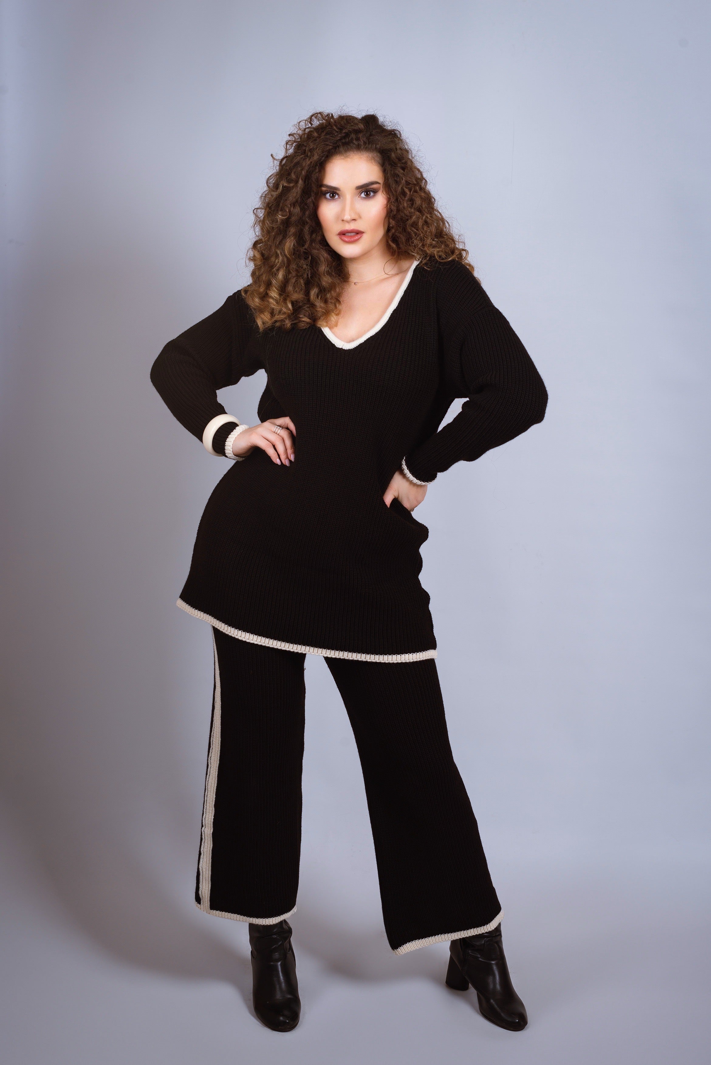 NANZ oversized gebreide co-ordset met randlijn in zwart