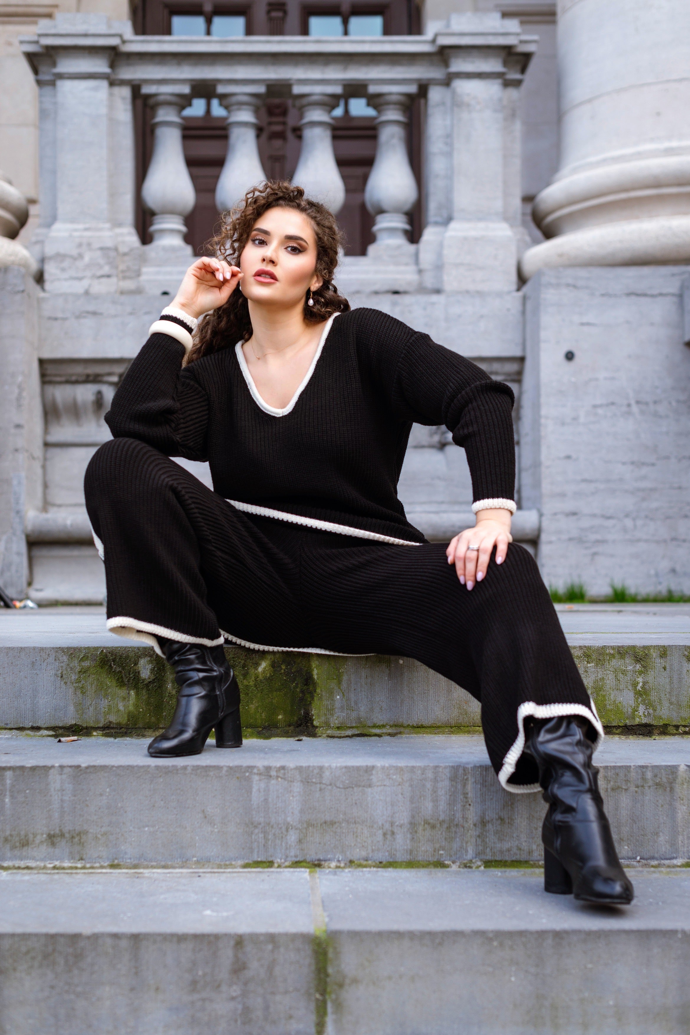 NANZ oversized gebreide co-ordset met randlijn in zwart