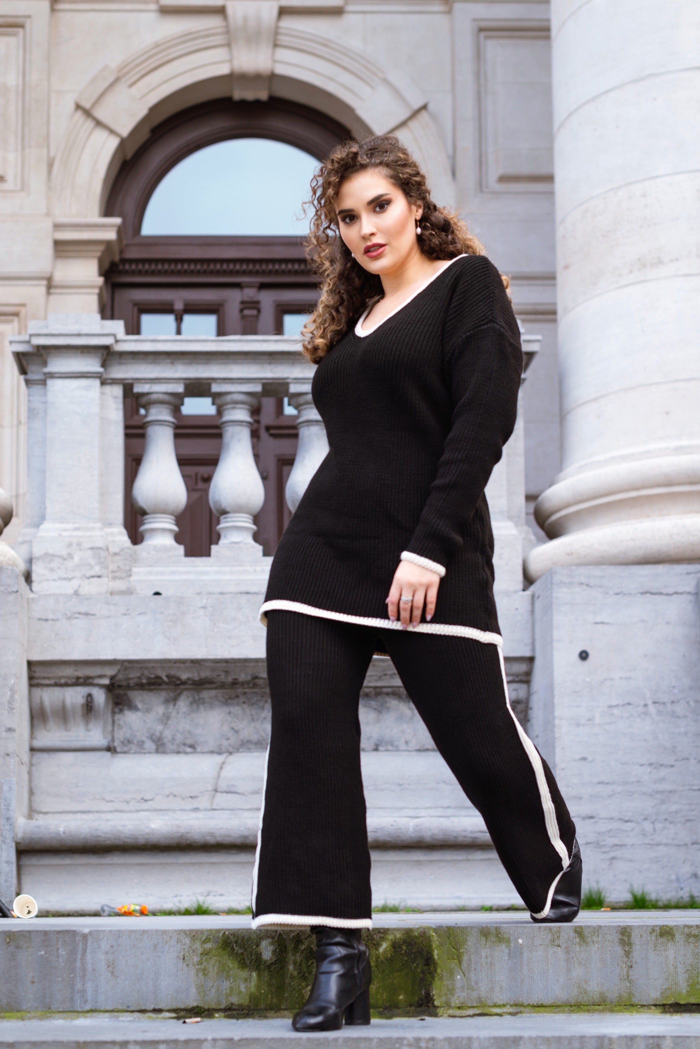 NANZ oversized gebreide co-ordset met randlijn in zwart