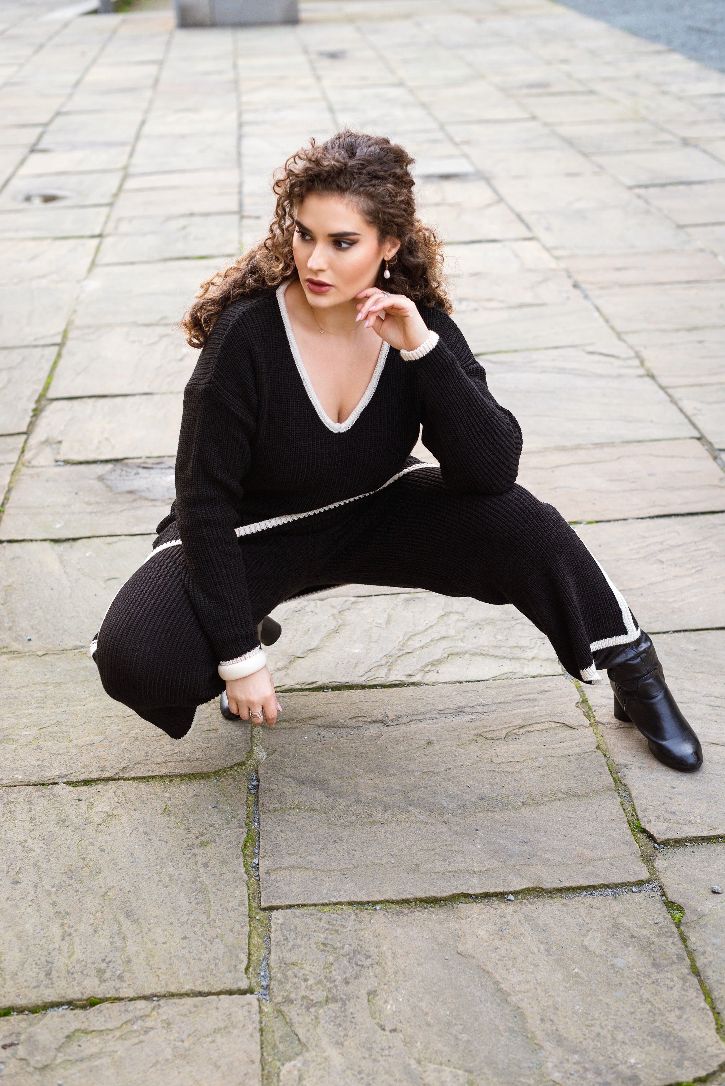 NANZ oversized gebreide co-ordset met randlijn in zwart