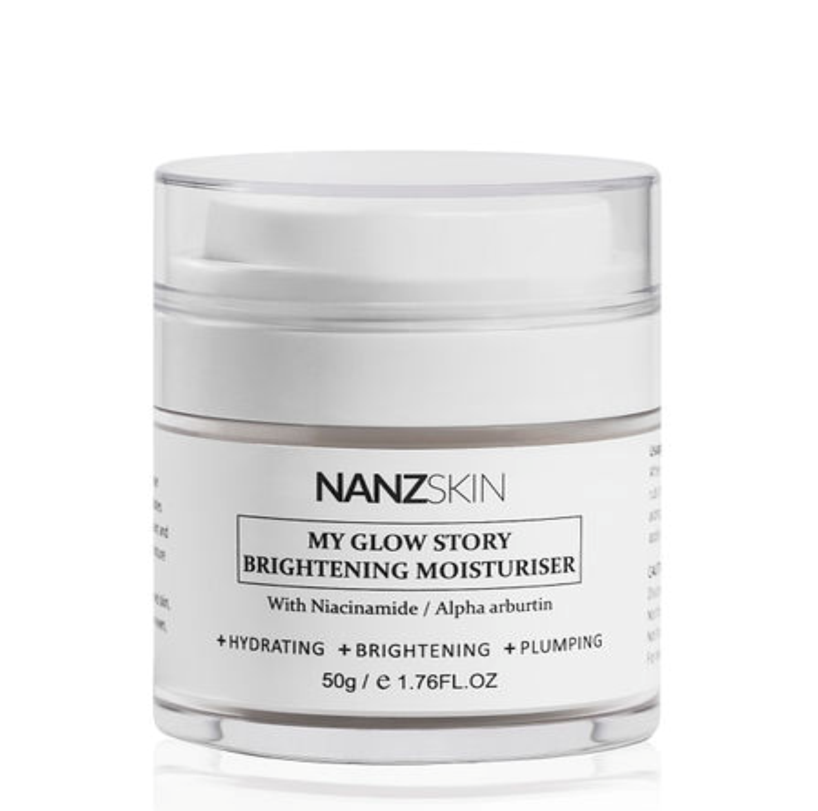 This image features the NANZSKIN My Glow Story Brightening Moisturiser, packaged in a sleek white jar with clear labeling. The product is described as a lightweight cream that offers hydration, brightening, and plumping effects, ideal for improving the appearance of dull and discolored skin.