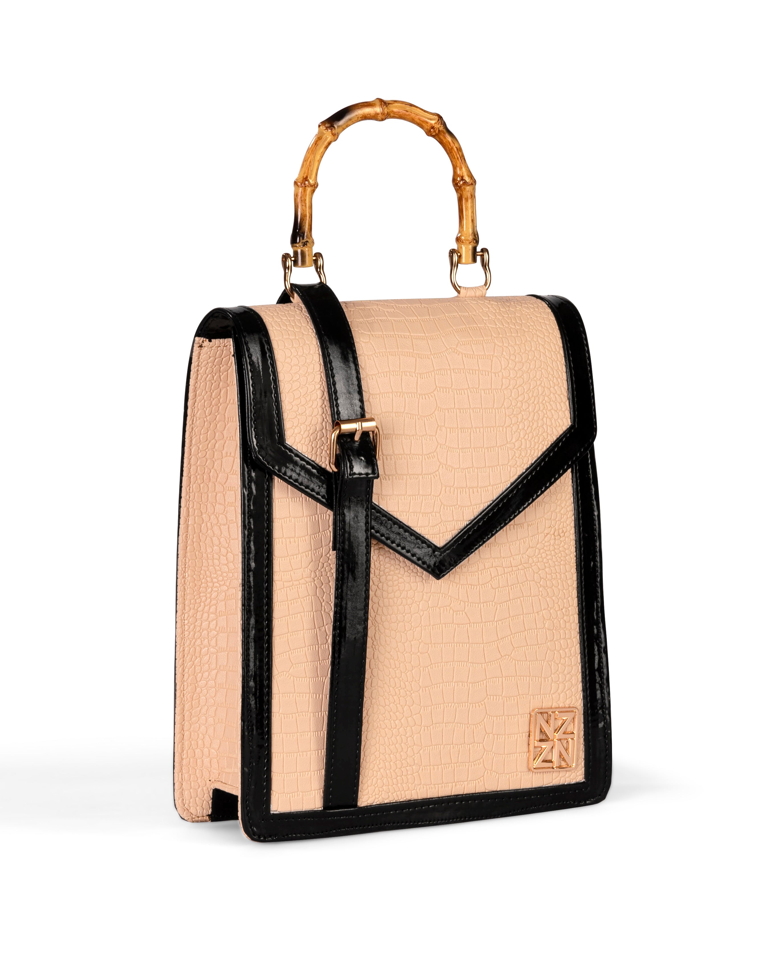 NANZ Noire bamboe handtas in nude beige met patroon