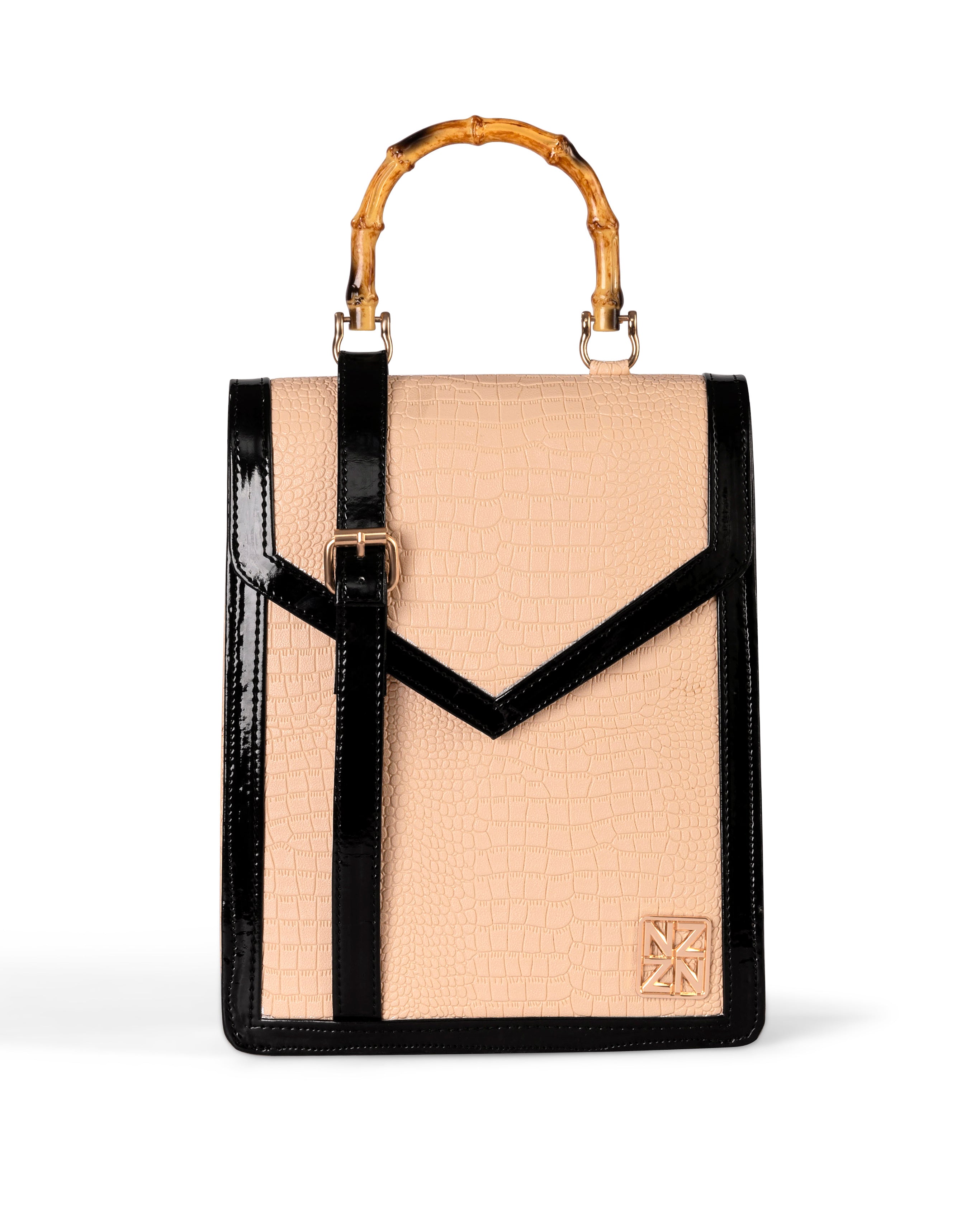 NANZ Noire bamboe handtas in nude beige met patroon