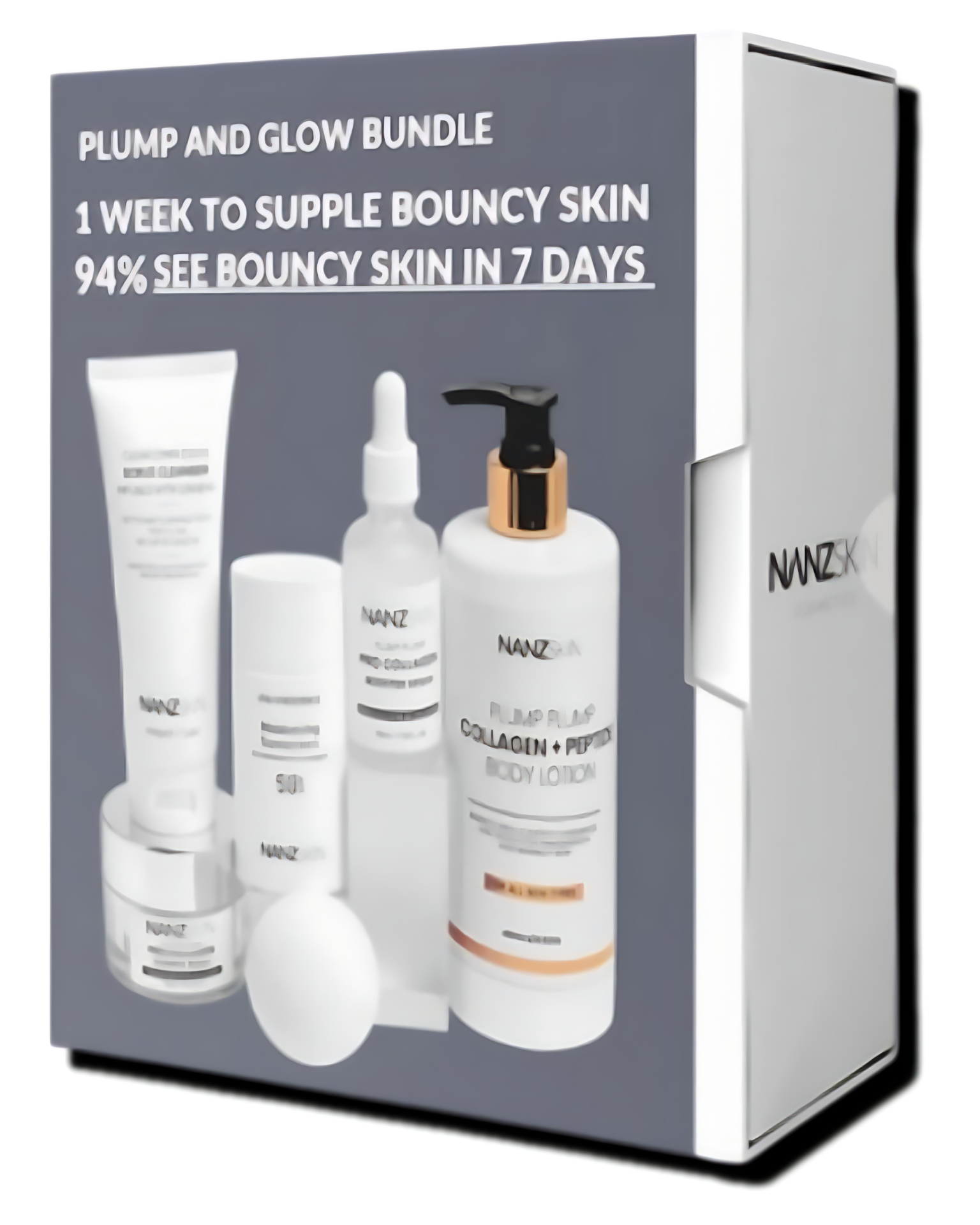NANZ skincare product set with packaging highlighting 'Plump and Glow Bundle' on a white background.