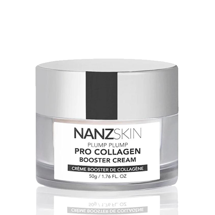 A jar of NANZSKIN Plump Plump Pro Collagen Booster Cream with a white and silver label on a reflective background.