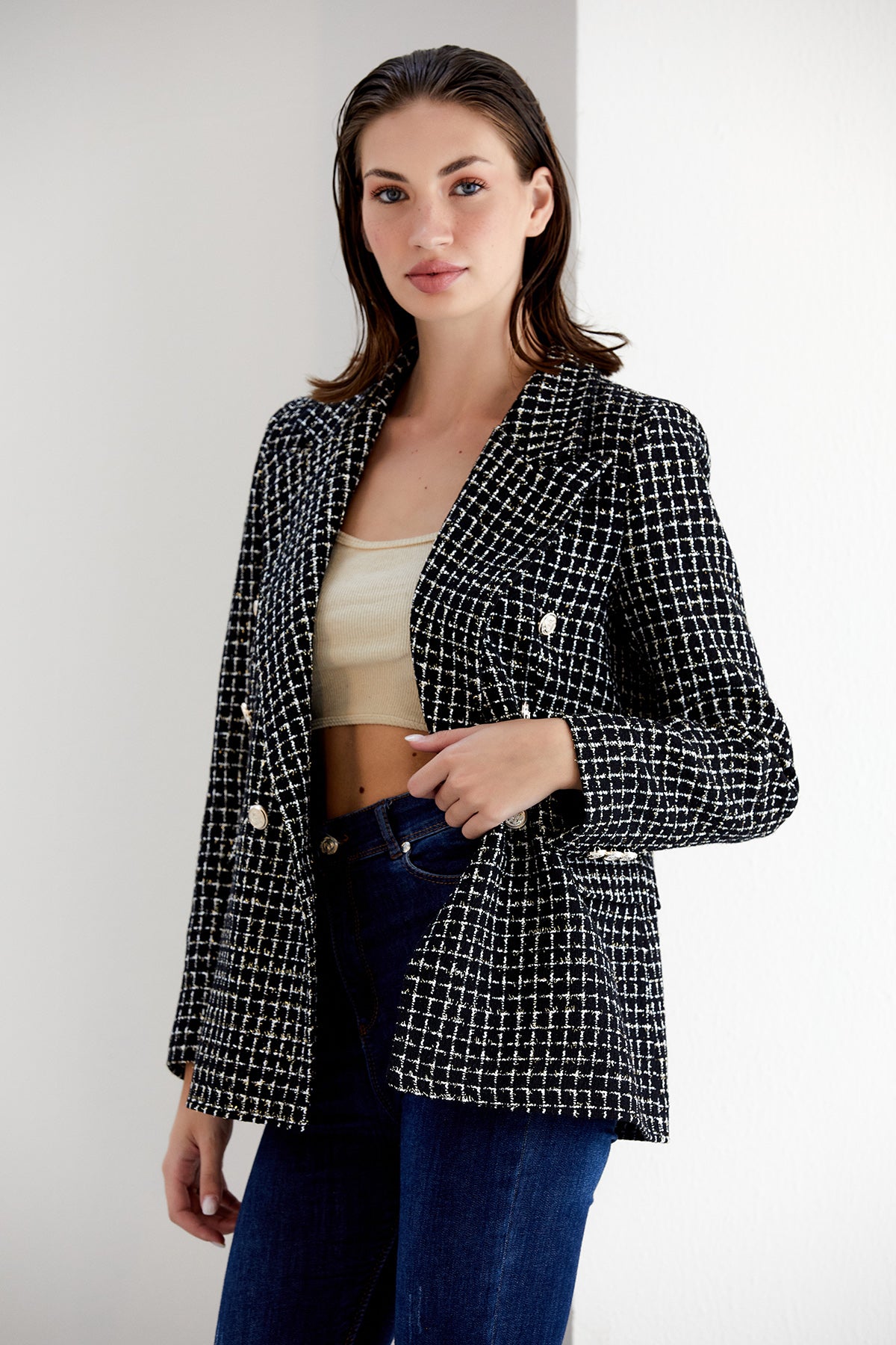 NANZ zwart/wit geblokte tweed double breasted blazer 68700-blk/