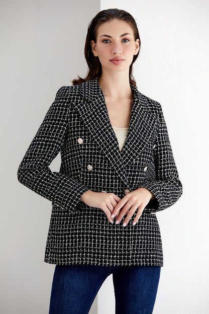 NANZ zwart/wit geblokte tweed double breasted blazer 68700-blk/