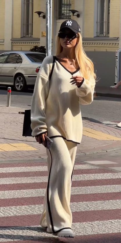 NANZ Viva oversized gebreide co-ordset met rand in beige