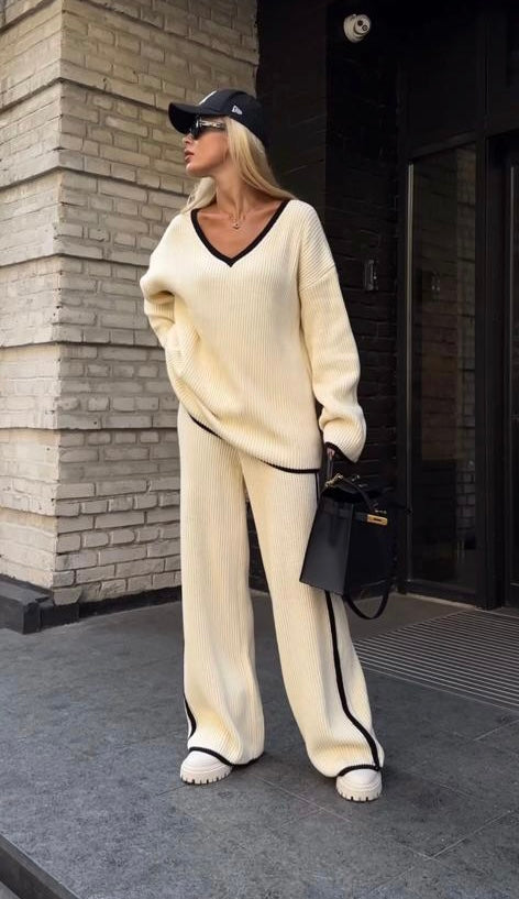 NANZ oversized gebreide co-ordset met randlijn in beige