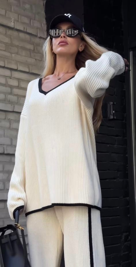 NANZ oversized gebreide co-ordset met randlijn in beige