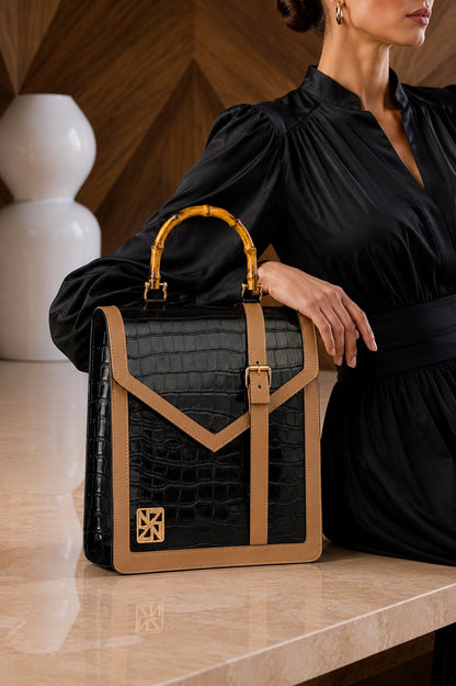 NANZ Noire bamboe handtas in nude beige met patroon
