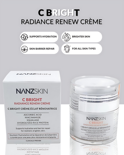Nanzskin C Bright Radiance Renew Crème packaging with jar and box on a gray background