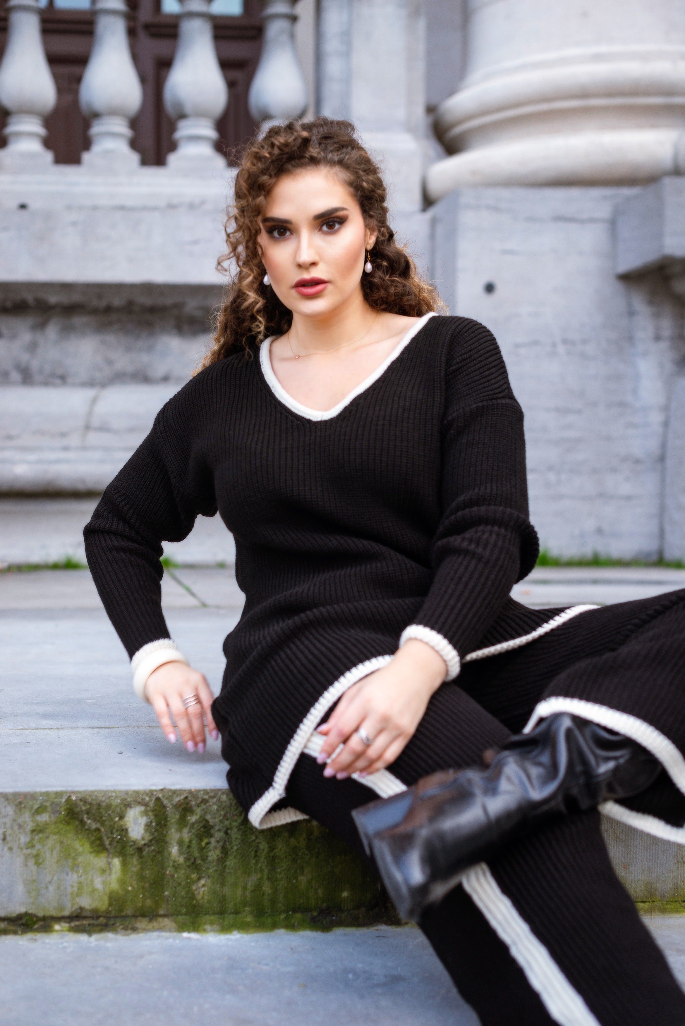 NANZ oversized gebreide co-ordset met randlijn in zwart