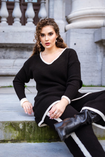 NANZ oversized gebreide co-ordset met randlijn in zwart
