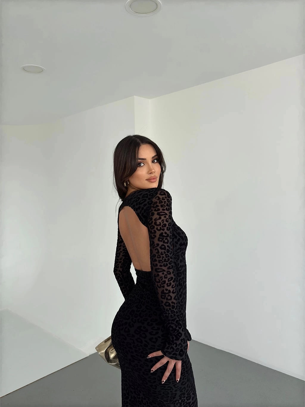 NANZ Azara Leopard gevoerde lange jurk