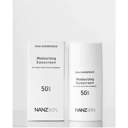 This image displays the NANZSKIN Uva/uvb Defence Moisturizing Sunscreen, presented in a sleek, modern packaging. The product, offered in a 50 ml container, is designed to provide broad-spectrum SPF 50 protection, safeguarding against UVA and UVB rays as well as infrared radiation, blue light, and pollution.