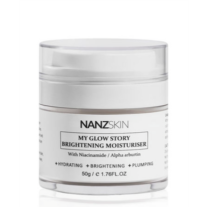This image features the NANZSKIN My Glow Story Brightening Moisturiser, packaged in a sleek white jar with clear labeling. The product is described as a lightweight cream that offers hydration, brightening, and plumping effects, ideal for improving the appearance of dull and discolored skin.