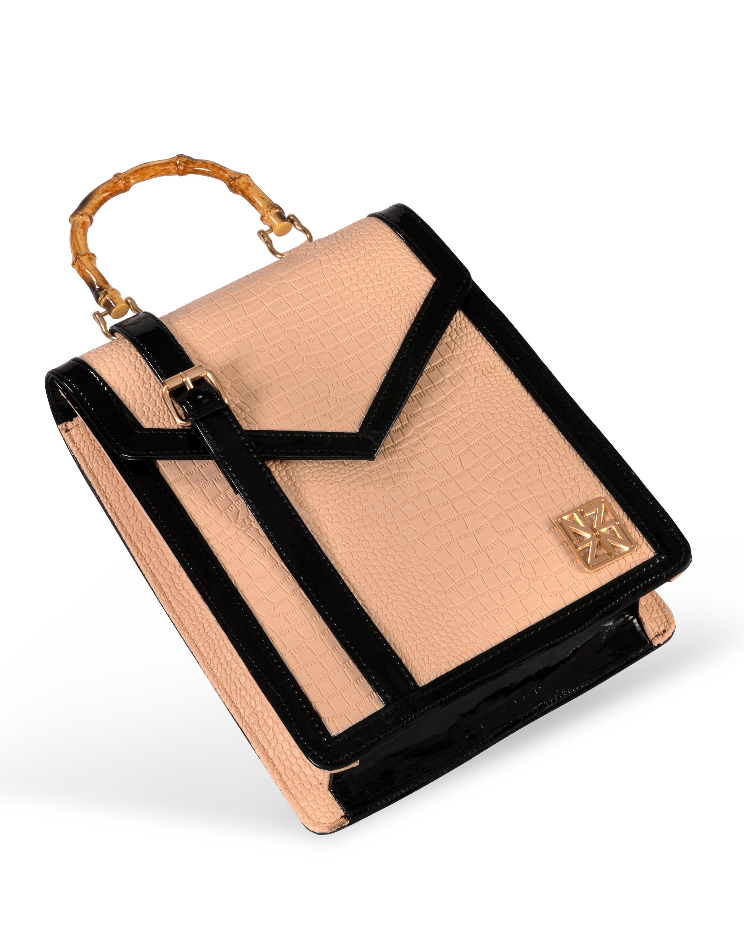 NANZ Noire bamboe handtas in nude beige met patroon