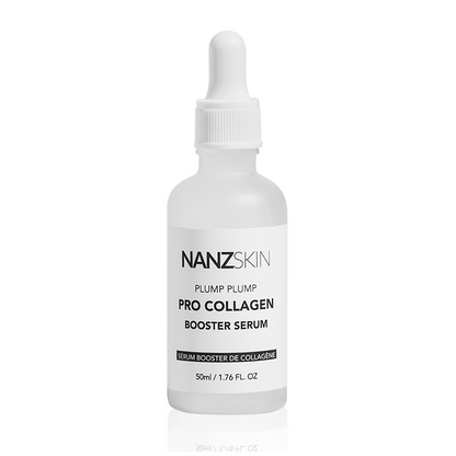 A bottle of NANZSKIN Plump Plump Pro Collagen Booster Serum with a dropper, formulated for skincare.