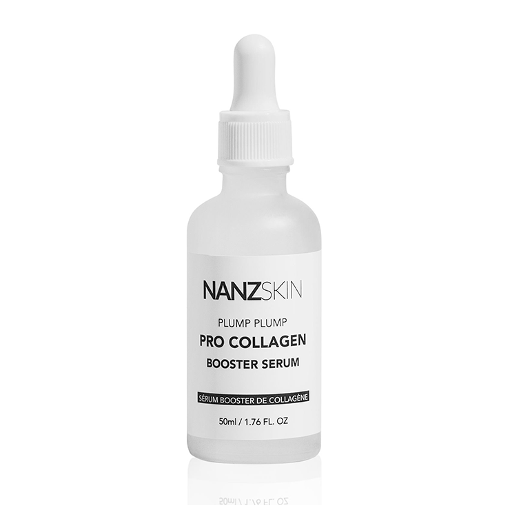 A bottle of NANZSKIN Plump Plump Pro Collagen Booster Serum with a dropper, formulated for skincare.