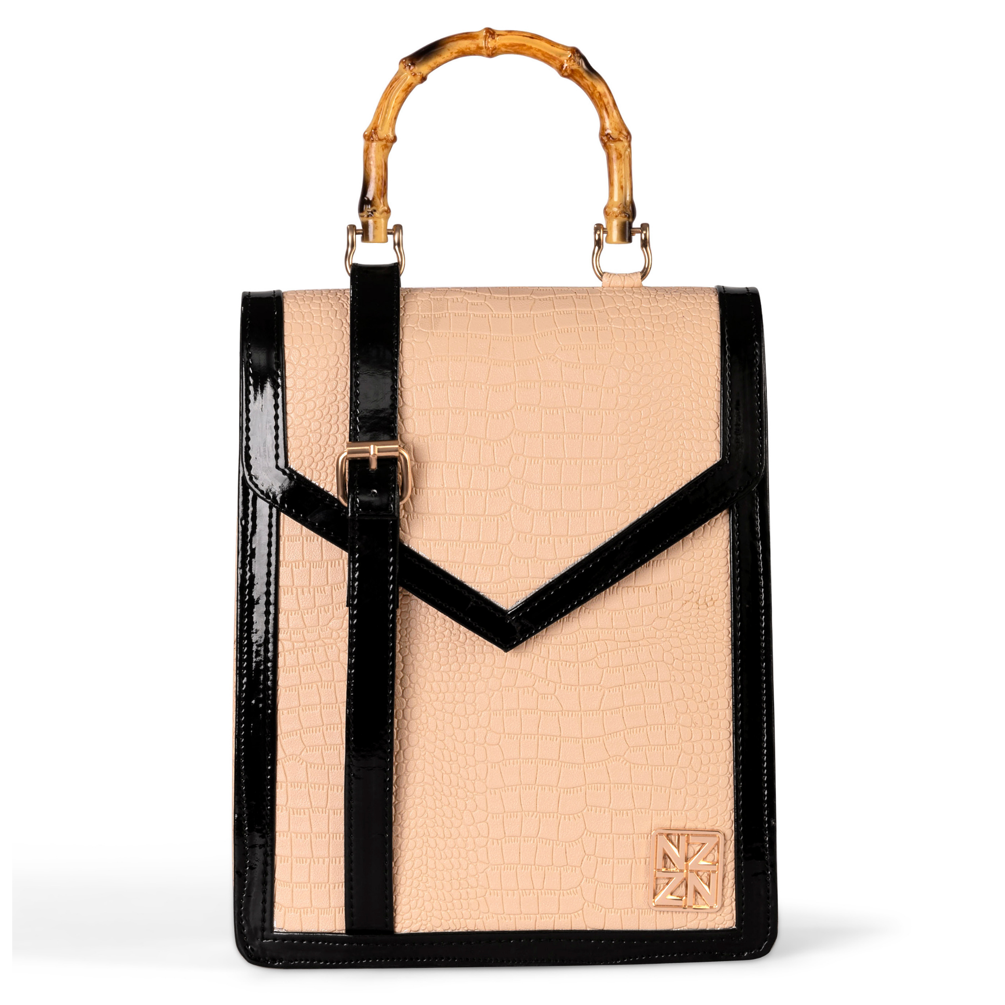 NANZ Noire bamboe handtas in nude beige met patroon