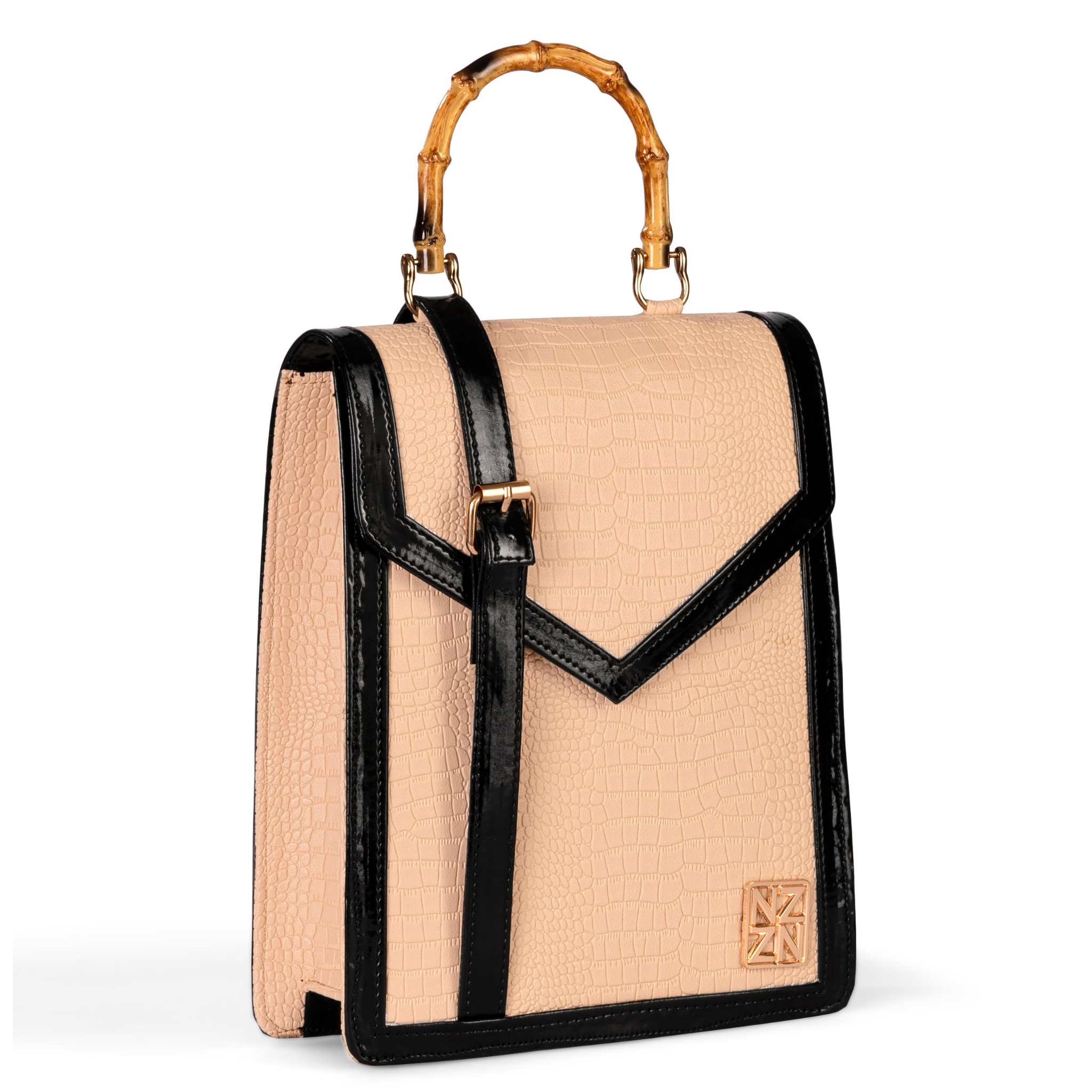 NANZ Noire bamboe handtas in nude beige met patroon