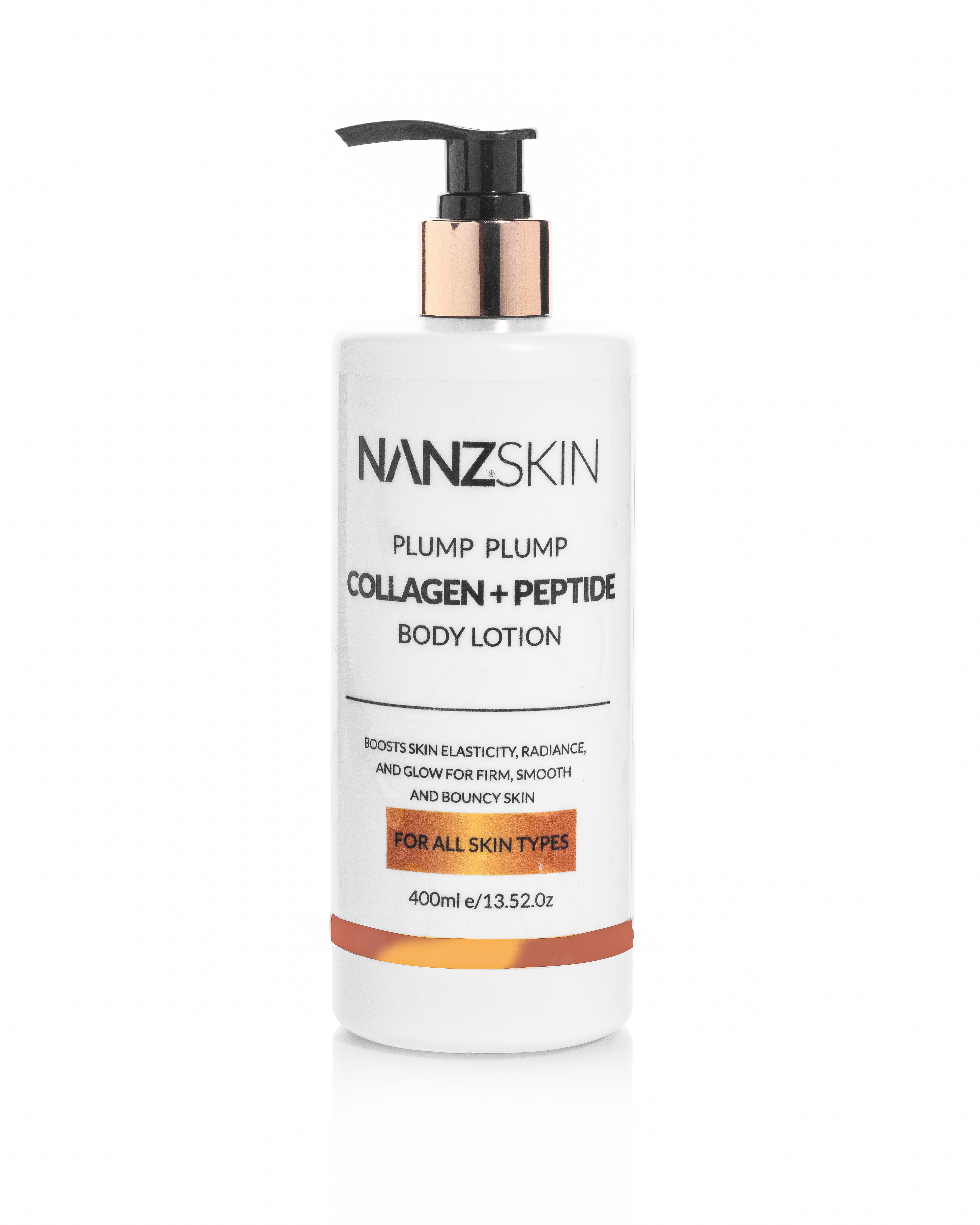 NANZ Skin collagen and peptide body lotion bottle on a white background