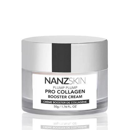 A jar of NANZSKIN Plump Plump Pro Collagen Booster Cream with a white and silver label on a reflective background.
