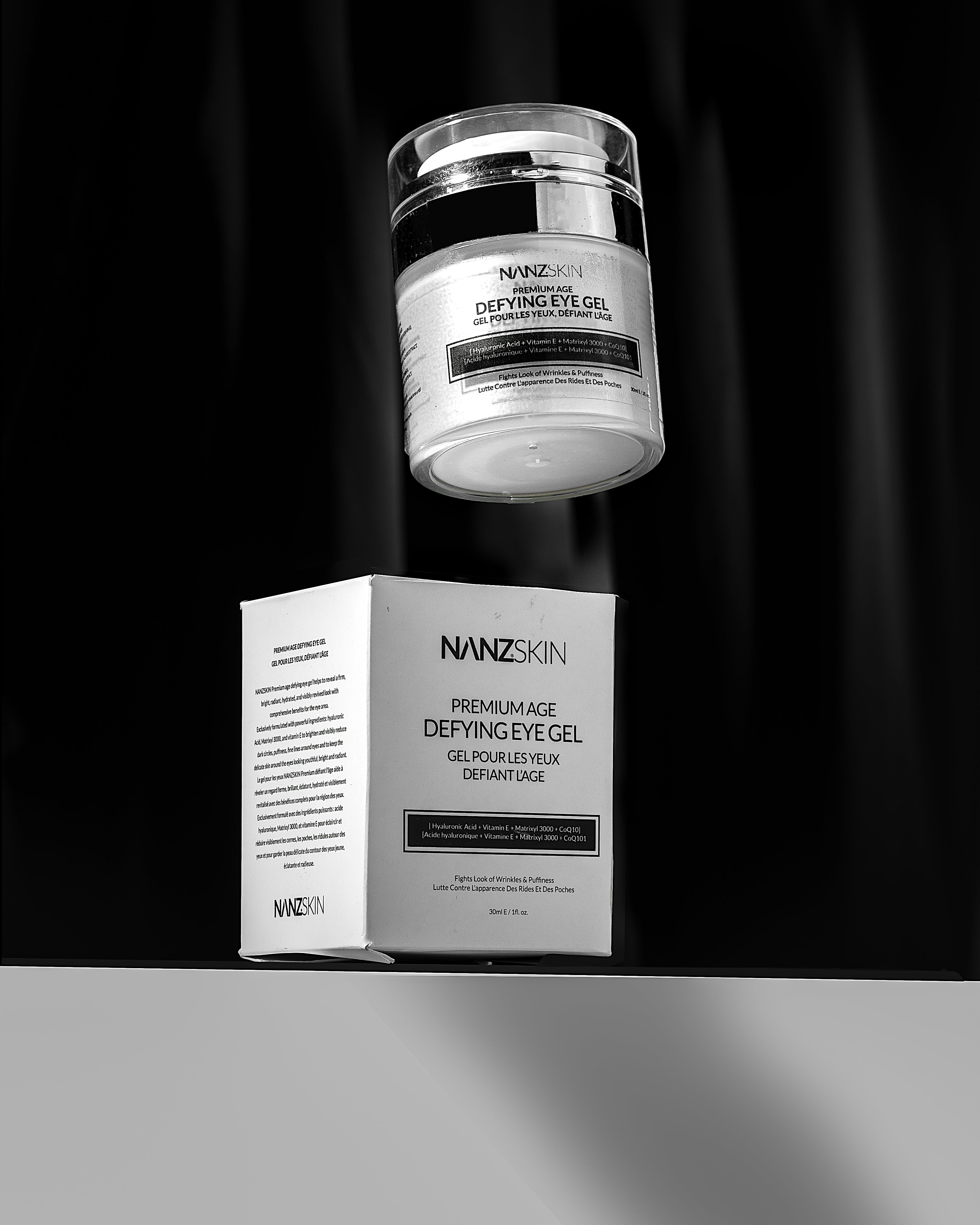 NANZSKIN eye gel jar and box on a black background