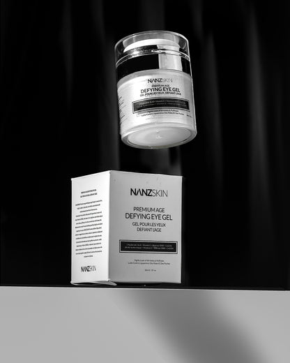 NANZSKIN eye gel jar and box on a black background